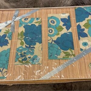 Set of 4 Vintage Bamboo Placemats with Psychedelic Blue Floral Napkins